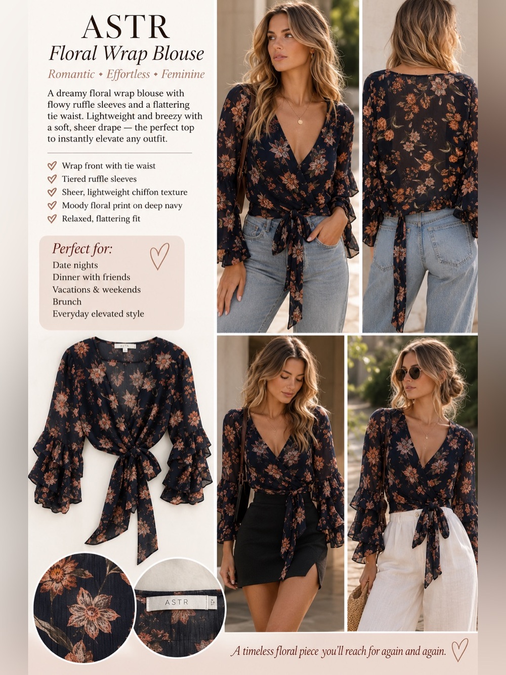 ASTR Dark Floral Sheer Wrap Blouse Ruffle Sleeve Tie Waist